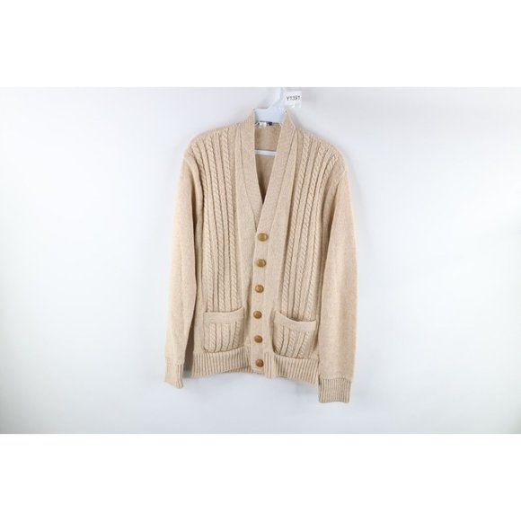 Vtg 70s Grunge Mens Medium Cable Knit Kurt Cobain Cardigan Sweater Oatmeal USA